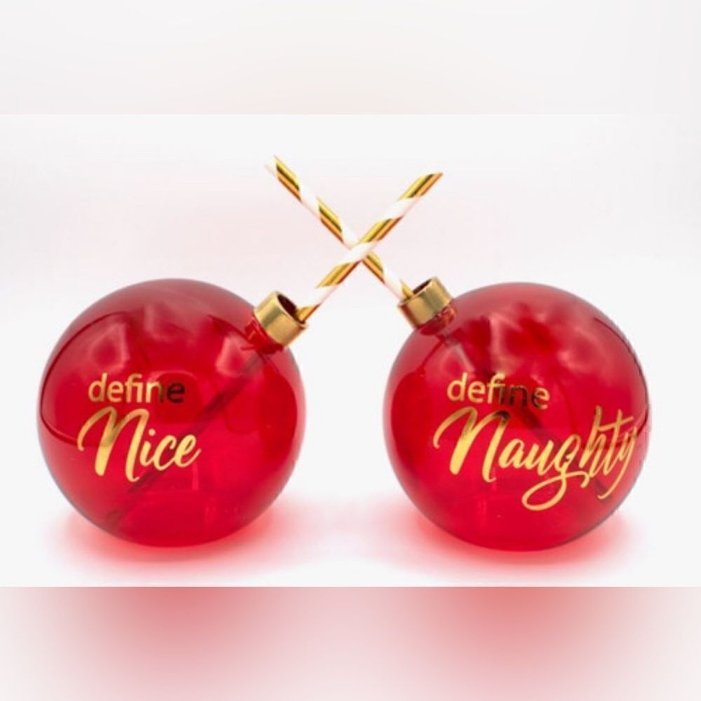 NIB Arula Red and Gold Define Naughty/Define Nice Ornament Drinking Glasses